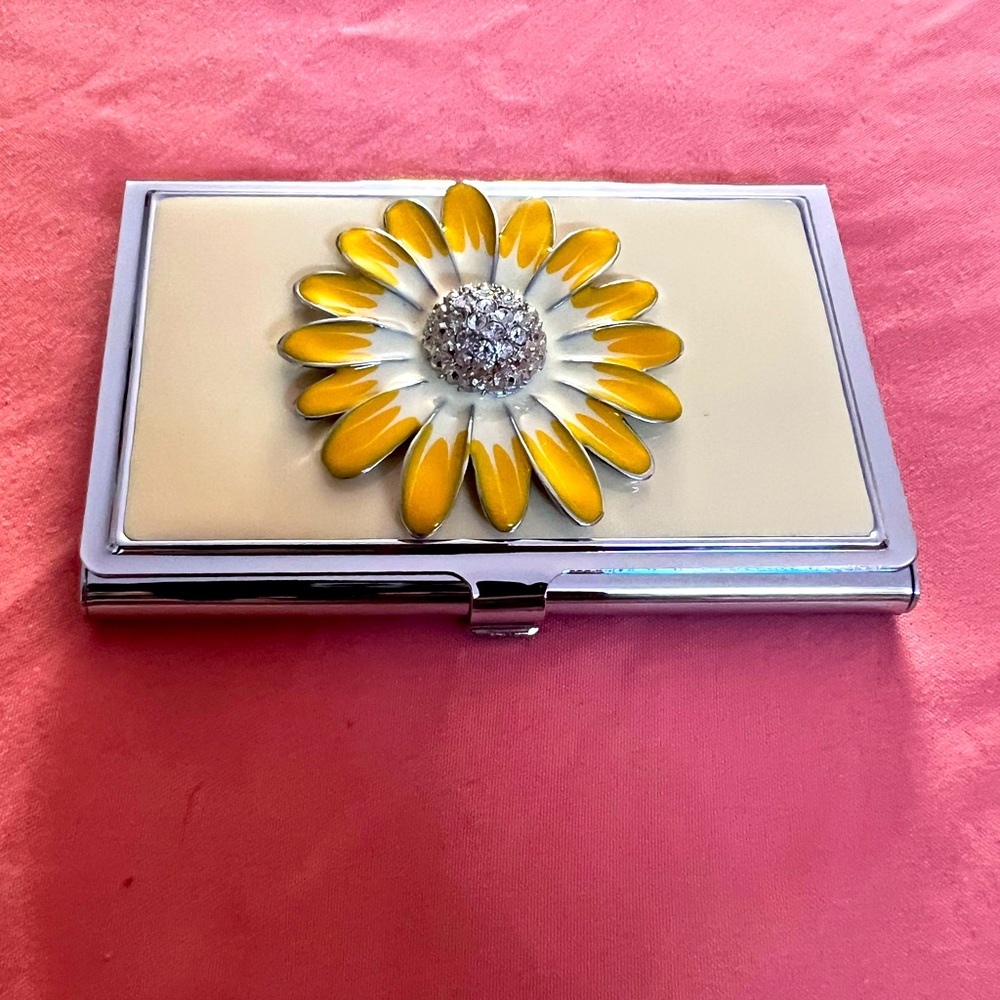 Spring Street Silver Tone Business Card Holder With Yellow Flower